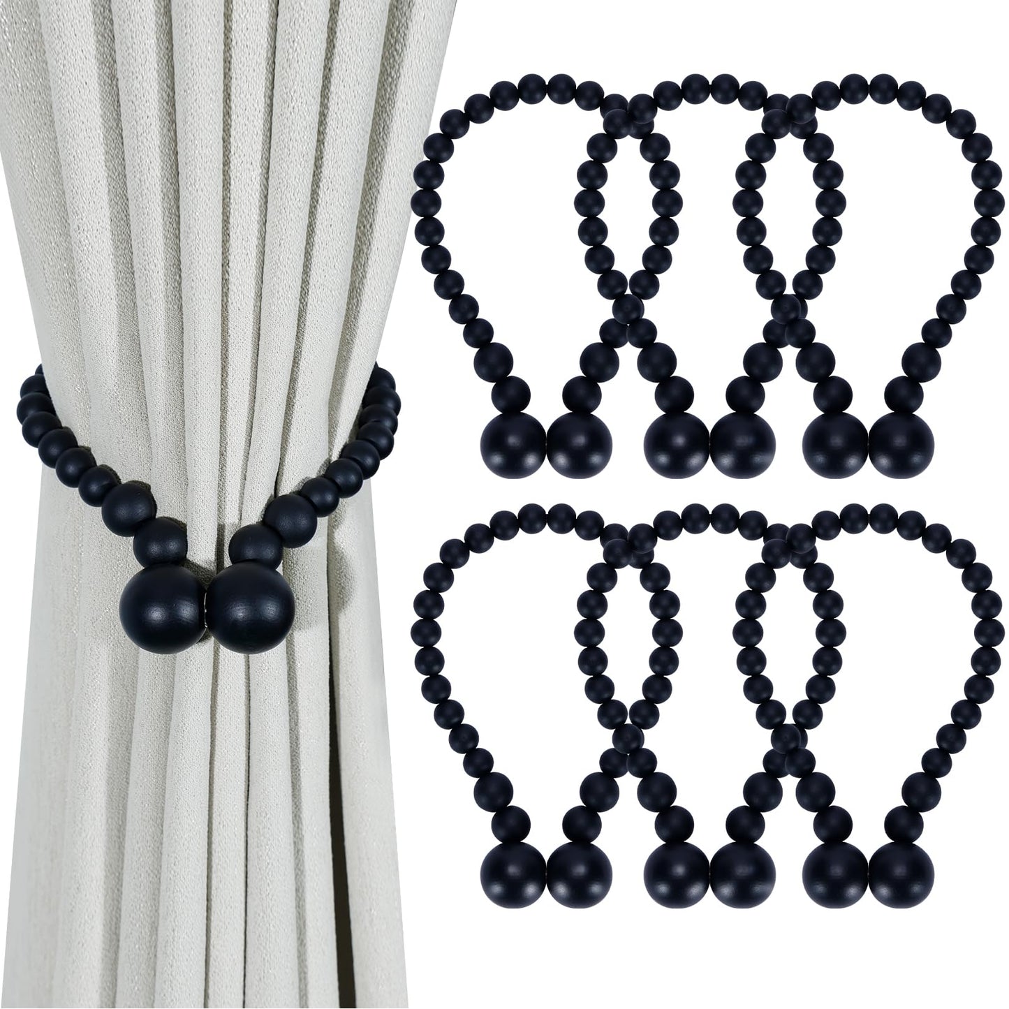 KLOGTSIND Magnetic Curtain Tiebacks, Curtain Holdbacks for Curtains 2 Pack, Wood Bead Curtain Holders for Boho Bedroom Decor, Baby Nursery Decor, Farmhouse Decor