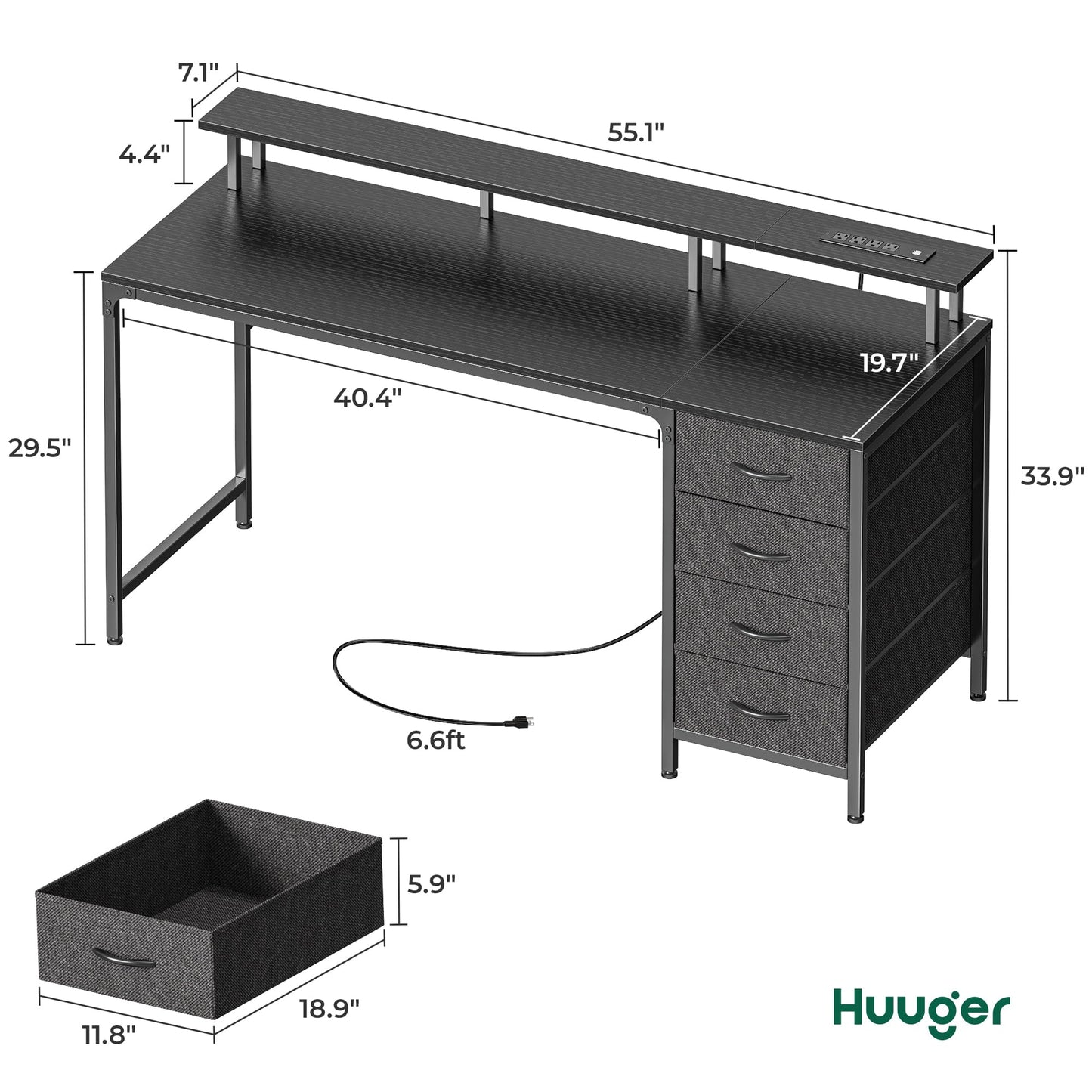 Huuger 47 Inch Computer Desk with Power Outlets and LED Lights, Gaming Desk with 4 Drawers, Office Desk with Monitor Stand, Study Work Home Office, Small Spaces, Black