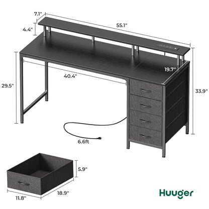 Huuger 47 Inch Computer Desk with Power Outlets and LED Lights, Gaming Desk with 4 Drawers, Office Desk with Monitor Stand, Study Work Home Office, Small Spaces, Black