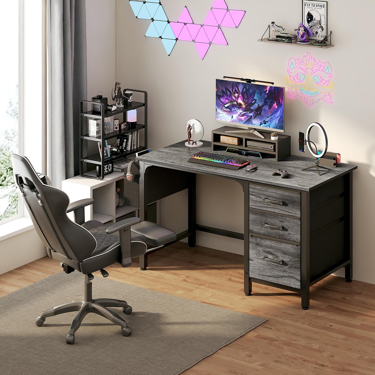 Lufeiya Computer Desk with File Drawers Cabinet, 47 Inch Reversible Home Office Desks with Filing Cabinet for Small Space, Gaming Study Writing Table PC Desks, Black