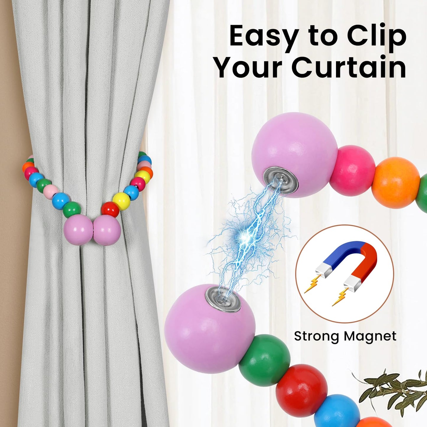KLOGTSIND Magnetic Curtain Tiebacks, Curtain Holdbacks for Curtains 2 Pack, Wood Bead Curtain Holders for Boho Bedroom Decor, Baby Nursery Decor, Farmhouse Decor