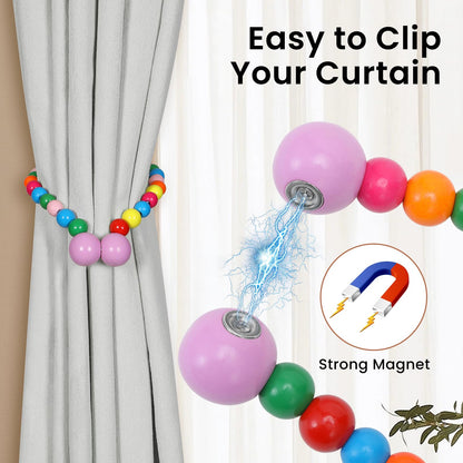 KLOGTSIND Magnetic Curtain Tiebacks, Curtain Holdbacks for Curtains 2 Pack, Wood Bead Curtain Holders for Boho Bedroom Decor, Baby Nursery Decor, Farmhouse Decor
