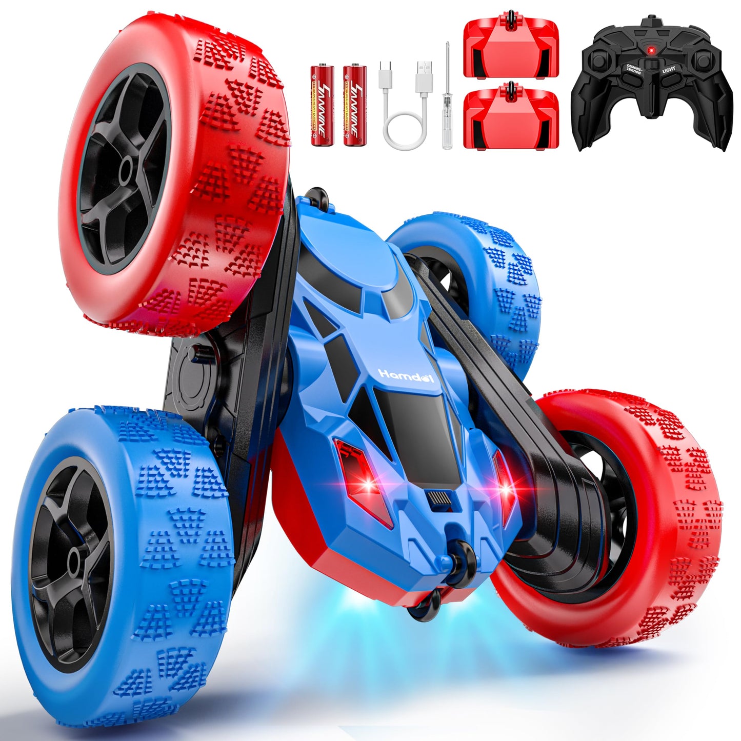 Hamdol Remote Control Car for Kids, 360° Rotating Double-Sided RC Car with LED Headlights, 4WD 2.4GHz Electric Rechargeable Toy Vehicle for Boys and Girls, Perfect Birthday