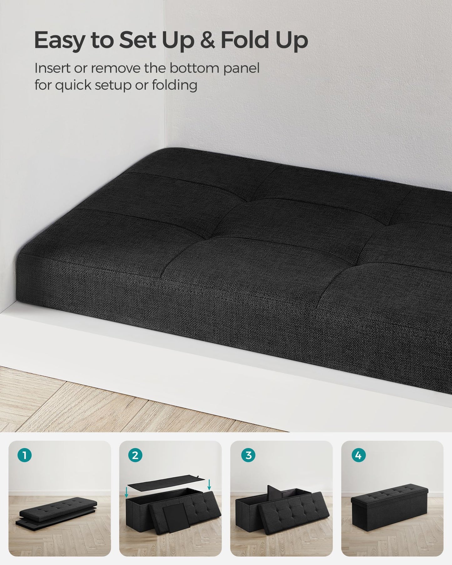 SONGMICS MAZIE Collection - 30 Inches Folding Storage Ottoman Bench, Ottoman Foot Rest, End of Bed Bench, Storage Chest, Load 660 lb, for Living Room, Bedroom, Entryway, Dark Gray ULSF47K