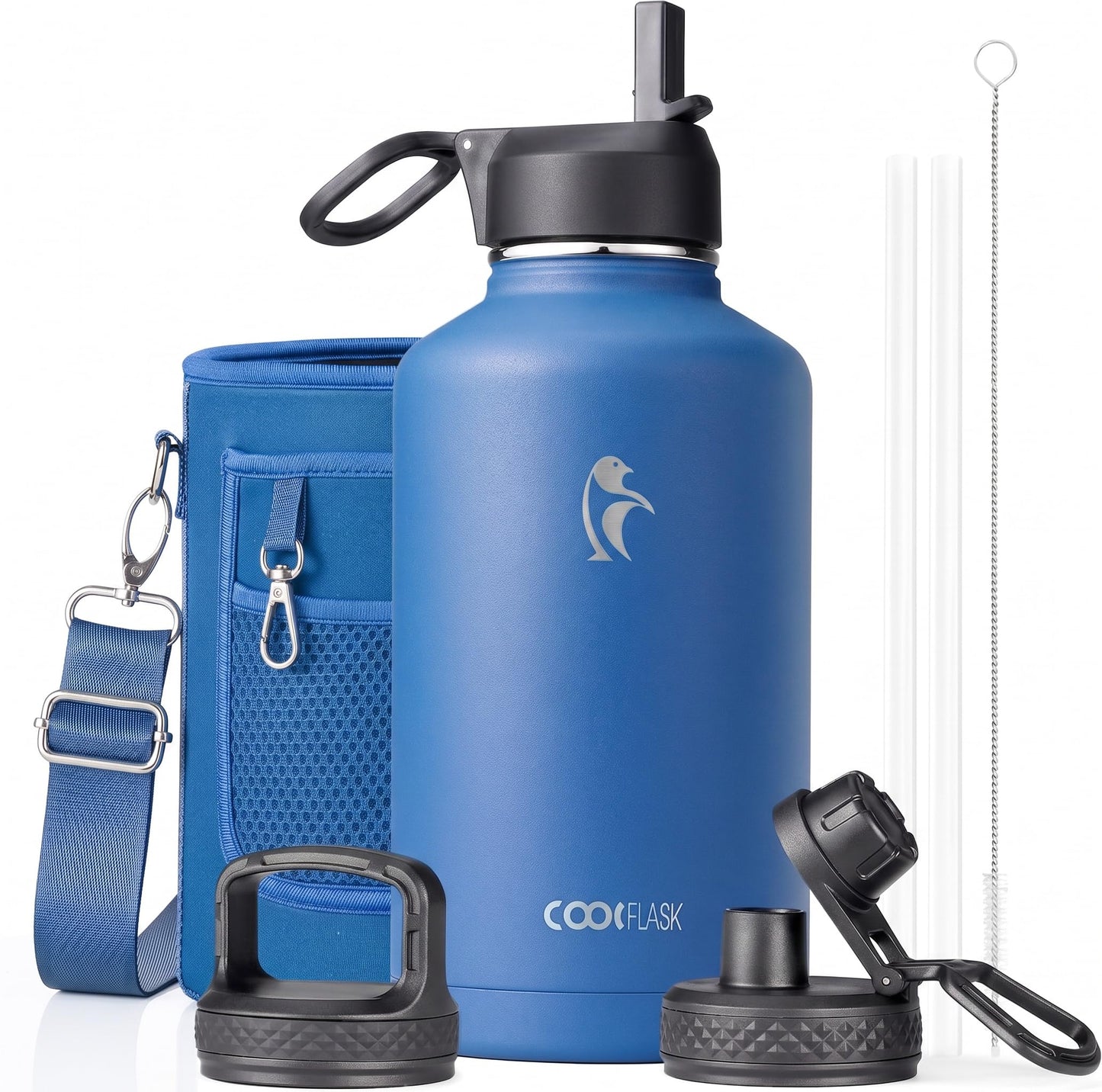 Half Gallon Water Bottle Insulated with Straw & 3 Lids, Coolflask 64 oz Water Jug Large Metal Stainless Steel Wide Mouth for Sports, Gym or Office, Non-BPA Keep Cold 48H Hot 24H, Samurai Cyan