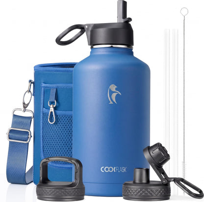 Half Gallon Water Bottle Insulated with Straw & 3 Lids, Coolflask 64 oz Water Jug Large Metal Stainless Steel Wide Mouth for Sports, Gym or Office, Non-BPA Keep Cold 48H Hot 24H, Samurai Cyan