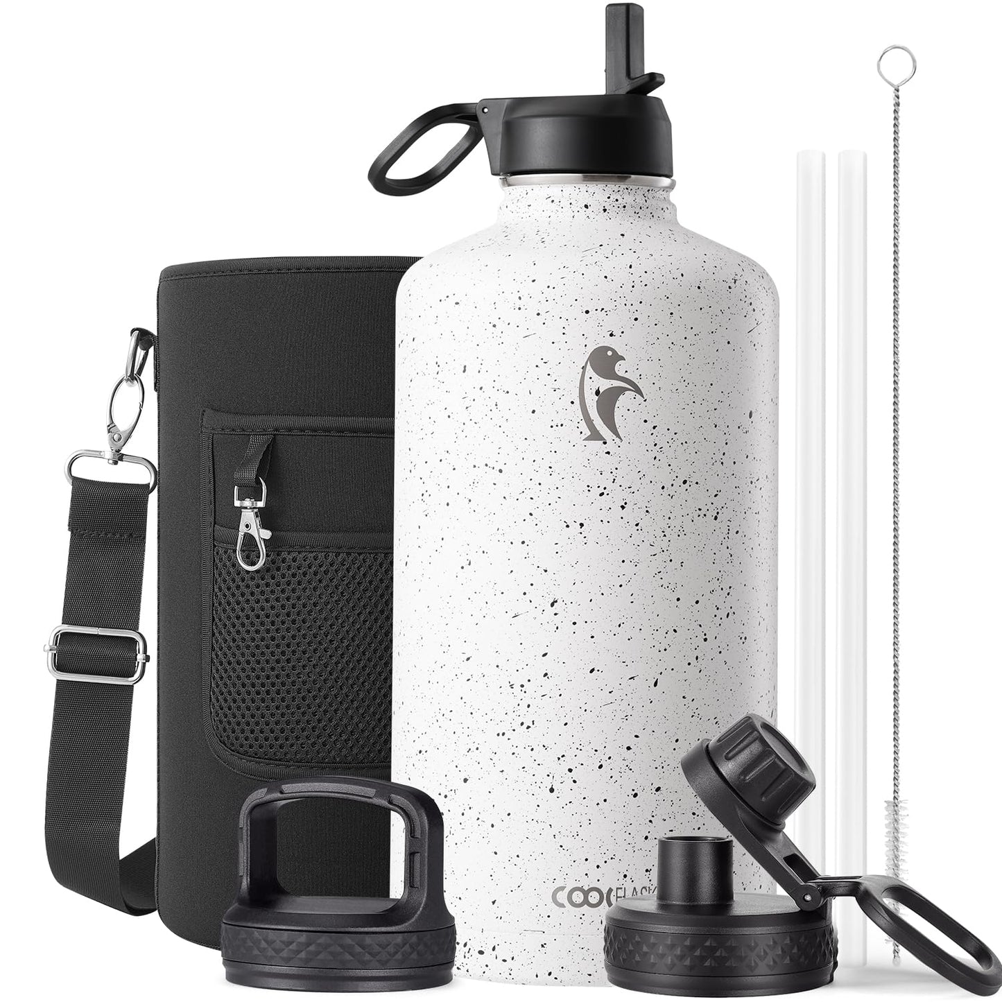 Half Gallon Water Bottle Insulated with Straw & 3 Lids, Coolflask 64 oz Water Jug Large Metal Stainless Steel Wide Mouth for Sports, Gym or Office, Non-BPA Keep Cold 48H Hot 24H, Samurai Cyan