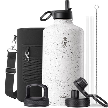 Half Gallon Water Bottle Insulated with Straw & 3 Lids, Coolflask 64 oz Water Jug Large Metal Stainless Steel Wide Mouth for Sports, Gym or Office, Non-BPA Keep Cold 48H Hot 24H, Samurai Cyan