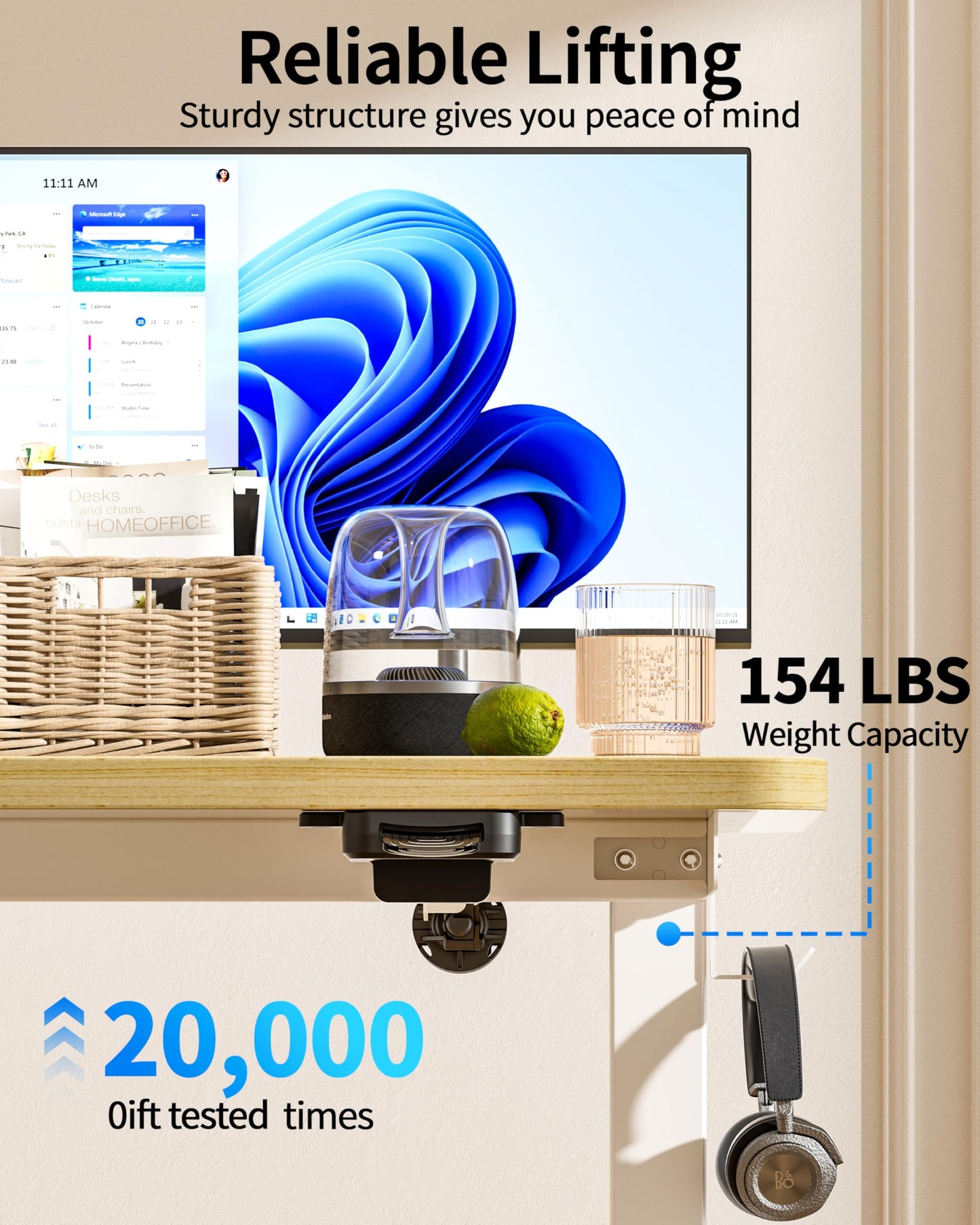 Okin Small Electric Standing Desk, 36" x 24" Whole Piece Height Adjustable Desk, Oak Sit to Stand Computer Workstation with Wheels for Home Office