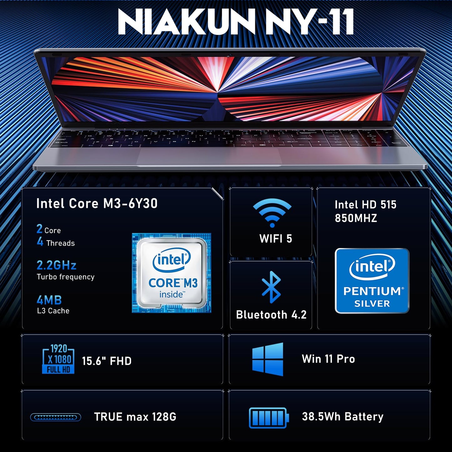 NIAKUN Laptop, Window 11 Pro Laptop Computer 2026, 15.6 Inch Lap Top, 16GB RAM 256GB SSD PC, M3-6Y30 Processor, FHD Display, WIFI5, BT4.2, Webcam, Office 365 for Business, School, Work, Student, Gray