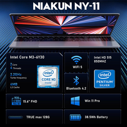 NIAKUN Laptop, Window 11 Pro Laptop Computer 2026, 15.6 Inch Lap Top, 16GB RAM 256GB SSD PC, M3-6Y30 Processor, FHD Display, WIFI5, BT4.2, Webcam, Office 365 for Business, School, Work, Student, Gray