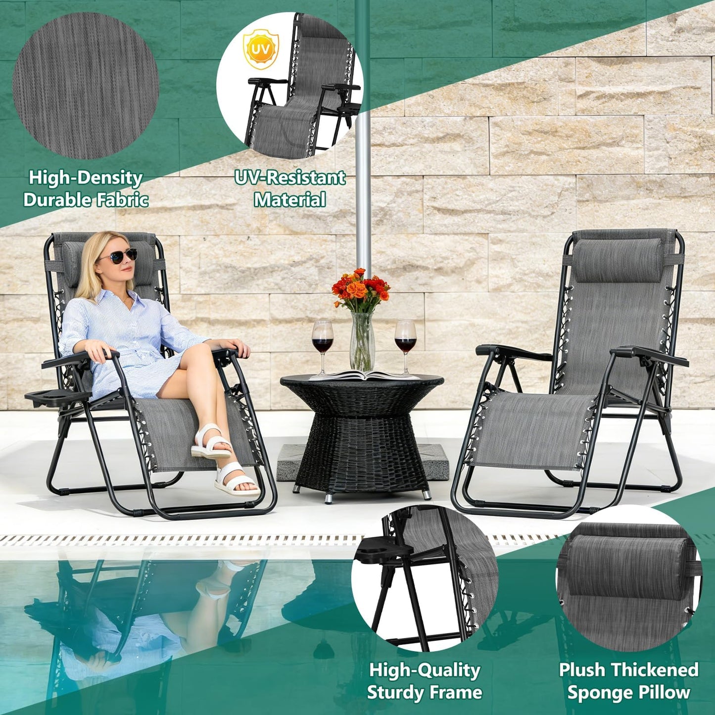 Alpen Zero Gravity Lounge Chair Set of 2, Patio Chair Folding Lounge Chairs for Outside, Portable Camping Chairs with Pillow and Cup Holder, Outdoor Recliner for Beach Outdoor Camping, Black