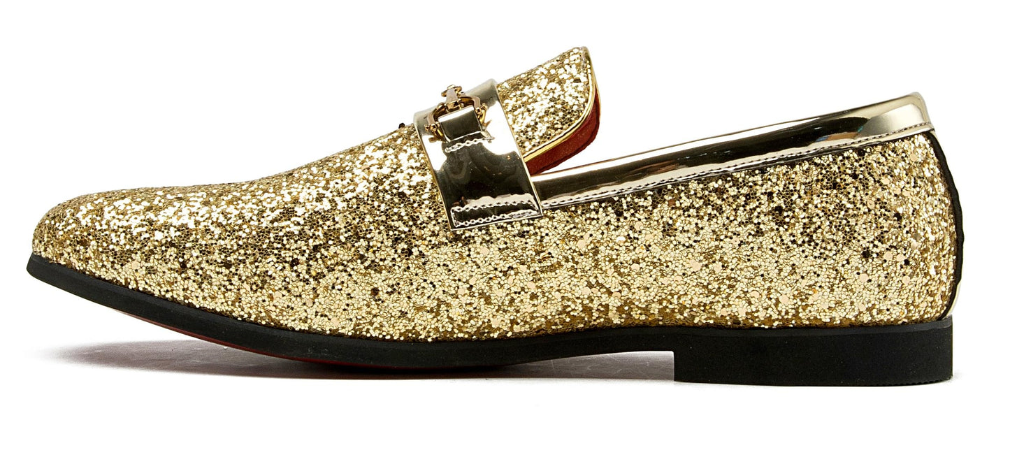Men Loafer Metallic Textured Slip-on Glitter Sequins Fashion Wedding Dress Shoes Golden