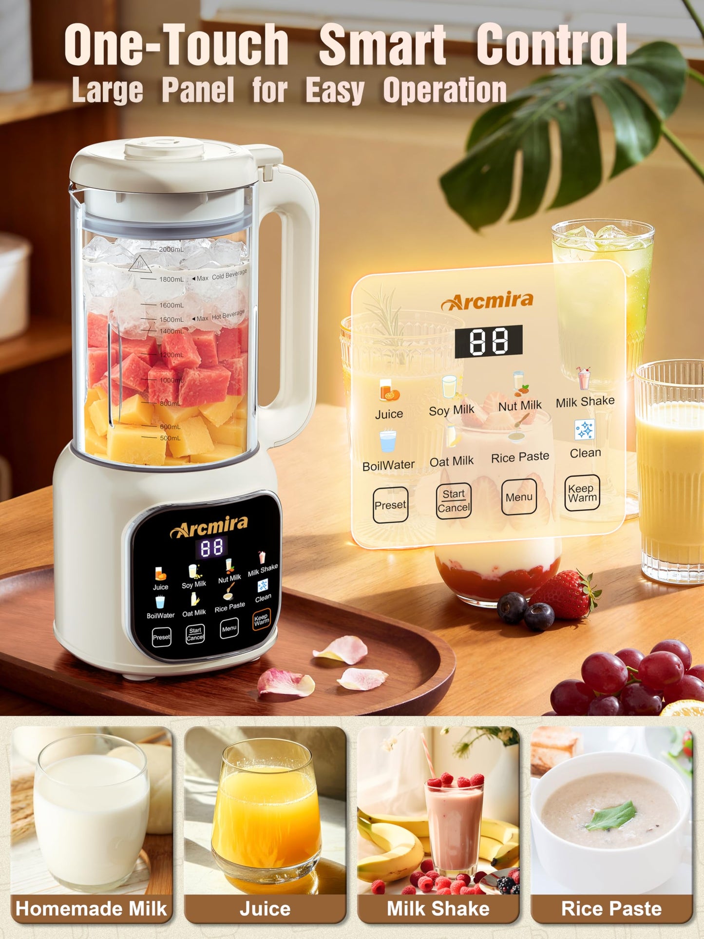 Arcmira 68oz Automatic 8-in-1 Nut Milk Maker, 10 Blades -No Soak, Self-Clean, Delay Start & Keep Warm, for Almond/Soy/Oat Milk, Juice, Boil Water, Shakes - Plant-Based Dairy Free for Family & Party