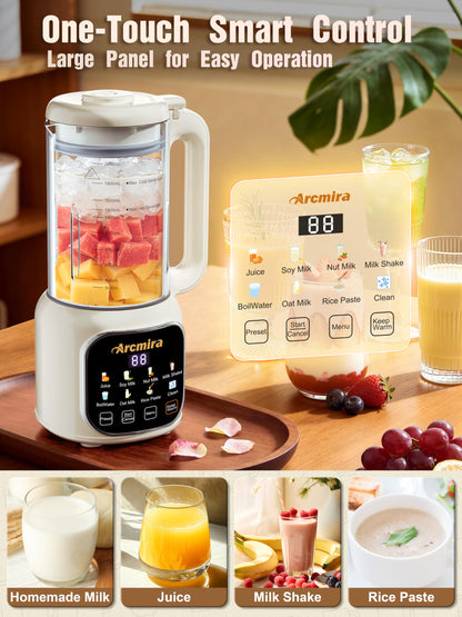 Arcmira 68oz Automatic 8-in-1 Nut Milk Maker, 10 Blades -No Soak, Self-Clean, Delay Start & Keep Warm, for Almond/Soy/Oat Milk, Juice, Boil Water, Shakes - Plant-Based Dairy Free for Family & Party