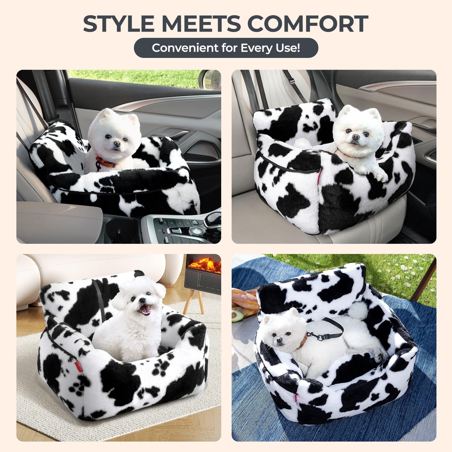 BurgeonNest Dog Car Seat for Small Dogs, Soft Pet Car Travel Home Bed Under 25 lbs, Fully Detachable and Washable Cat Booster Carseats with Storage Pockets and Clip-On Leash Portable Carrier,Black