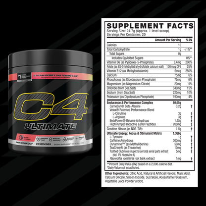 C4 Ultimate Pre Workout Powder Watermelon - Sugar Free Preworkout Energy Supplement for Men & Women - 300mg Caffeine + 3.2g Beta Alanine + 2 Patented Creatines - 20 Servings