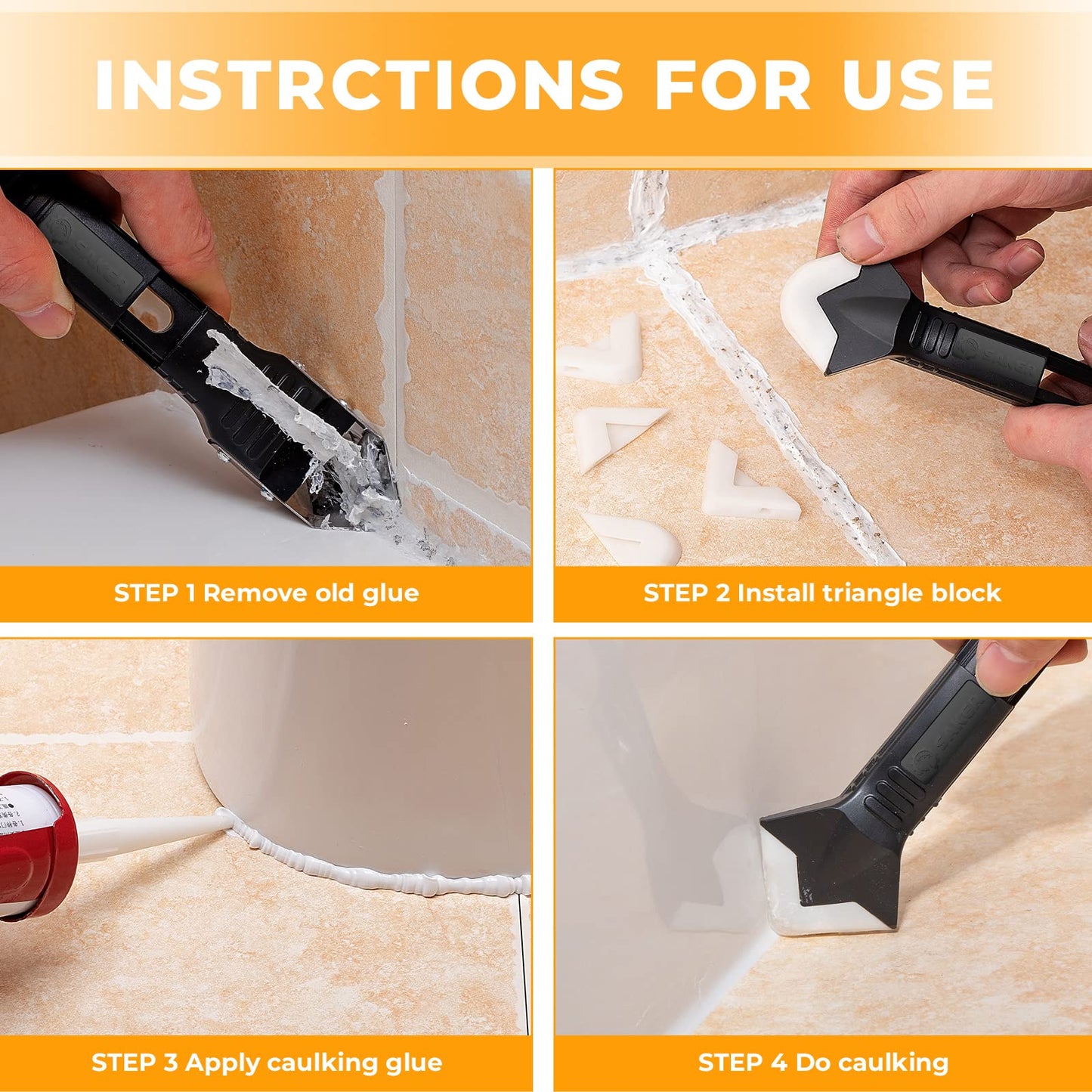 Saker Silicone Caulking Tool 3-in-1 Grout Removal Tool and Sealant Finishing Scraper with Stainless Steelhead, Caulk Remover and Seam Repair Kit for Bathroom, Kitchen, Floor, Window and Sink Joints