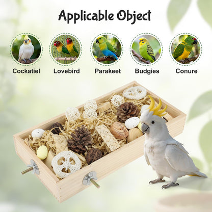 Bird Foraging Toys Box, Wooden Foraging and Shredding Toy for Birds, Bird Box for Mental Stimulation, Wood Colour