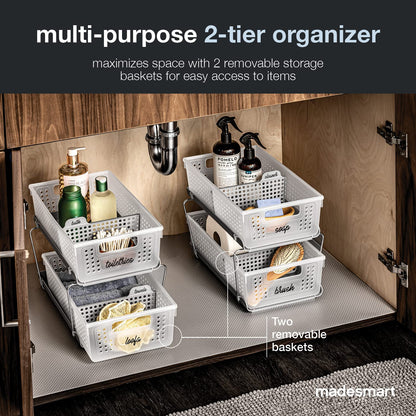 madesmart 2 Tier Bath Organizer, Undersink Storage with Sliding Drawers, for Cleaning Supplies, Pantry, Sponges, Bottles & Kitchen Essentials, Adjustable Dividers & Pull Out Sliding Baskets, Frost