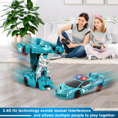 FDJ Remote Control Car - Transform Toys Car Robot, One Button Deformation to Robot with Flashing Light, 2.4Ghz 1:18 Scale Transforming Police Car Kids Toys with 360 Degree Rotating, Girls Boys Toys