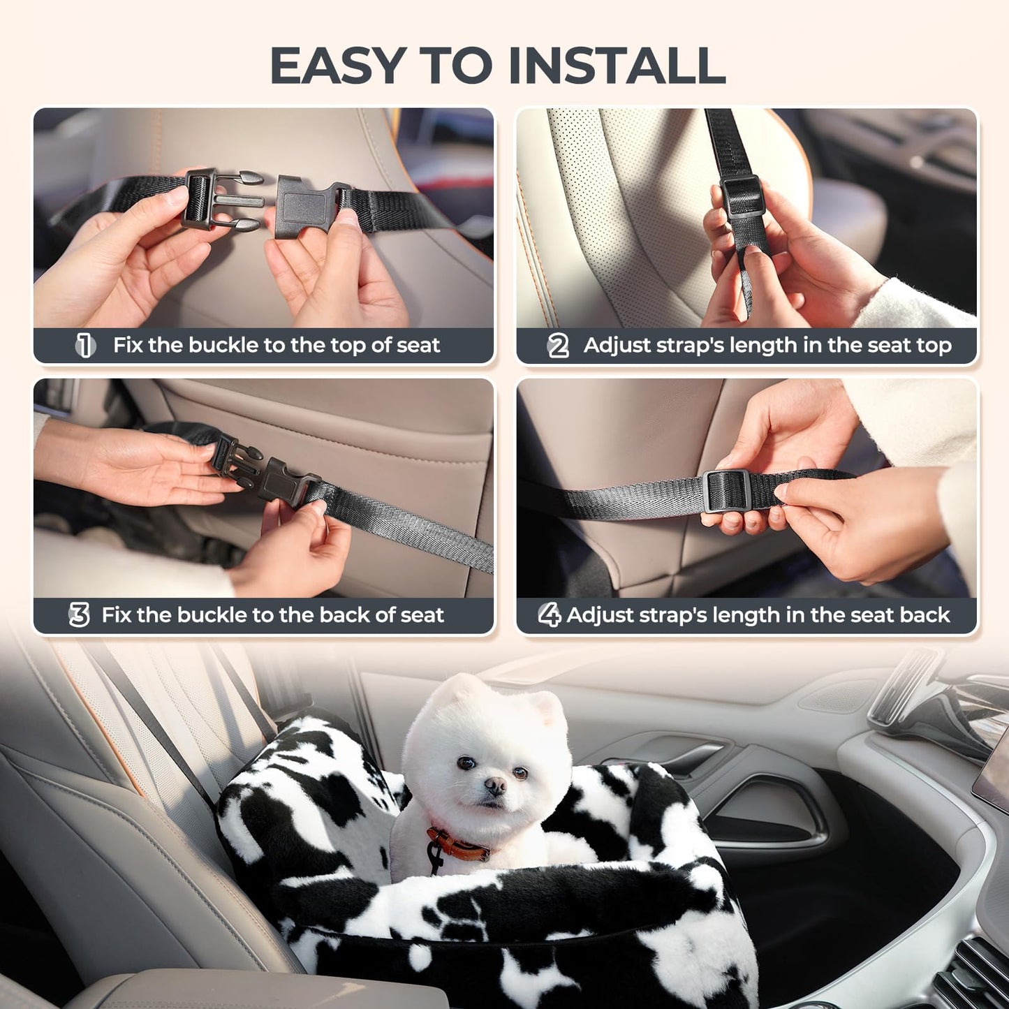 BurgeonNest Dog Car Seat for Small Dogs, Soft Pet Car Travel Home Bed Under 25 lbs, Fully Detachable and Washable Cat Booster Carseats with Storage Pockets and Clip-On Leash Portable Carrier,Black