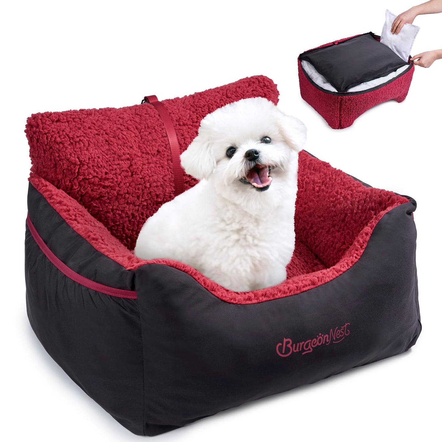 BurgeonNest Dog Car Seat for Small Dogs, Soft Pet Car Travel Home Bed Under 25 lbs, Fully Detachable and Washable Cat Booster Carseats with Storage Pockets and Clip-On Leash Portable Carrier,Black