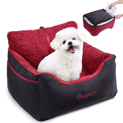 BurgeonNest Dog Car Seat for Small Dogs, Soft Pet Car Travel Home Bed Under 25 lbs, Fully Detachable and Washable Cat Booster Carseats with Storage Pockets and Clip-On Leash Portable Carrier,Black