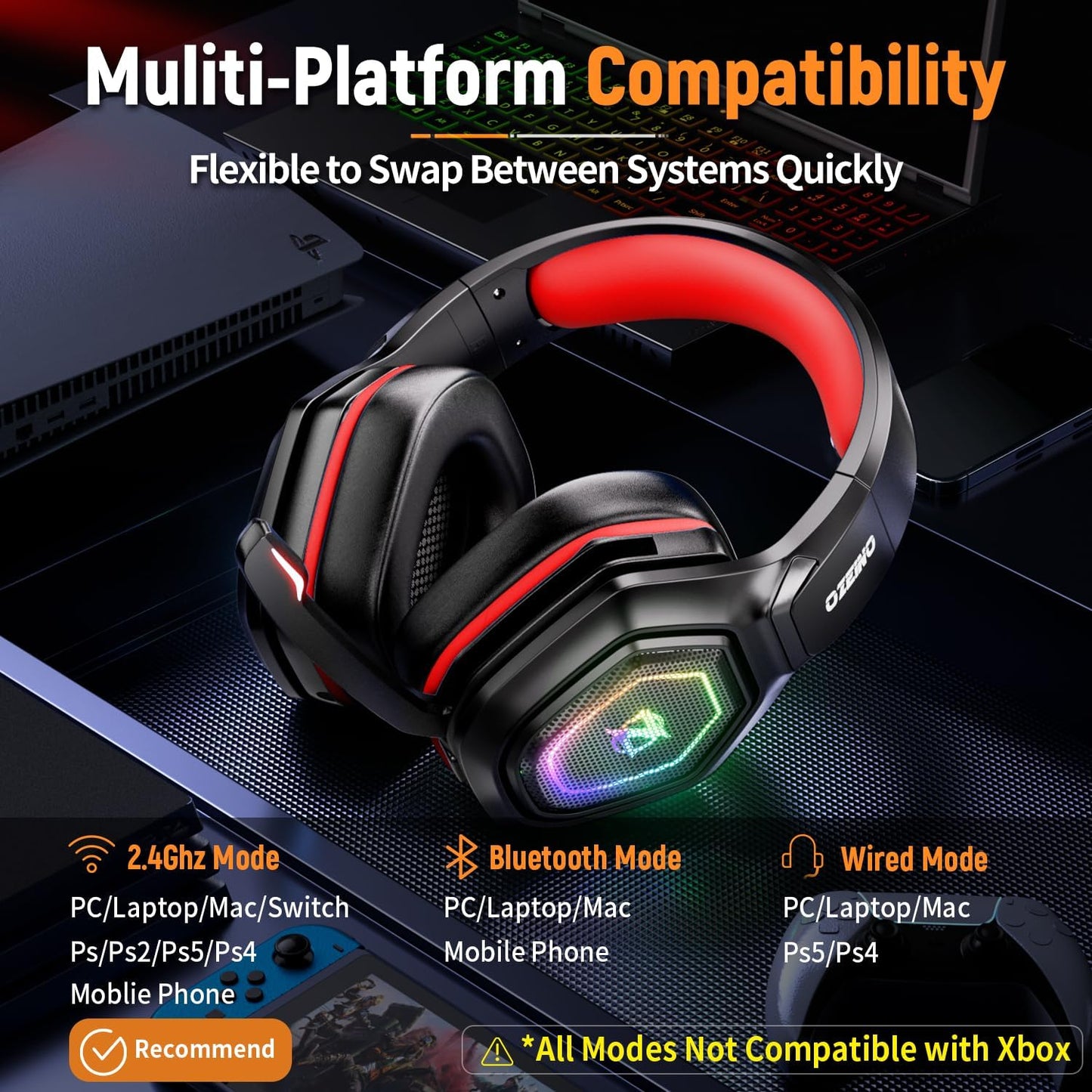Ozeino 2.4GHz Wireless Gaming Headset for PC, Ps5, Ps4 - Lossless Audio USB & Type-C Ultra Stable Gaming Headphones with Flip Microphone, 40-Hr Battery Gamer Headset for Switch, Laptop, Mobile, Mac