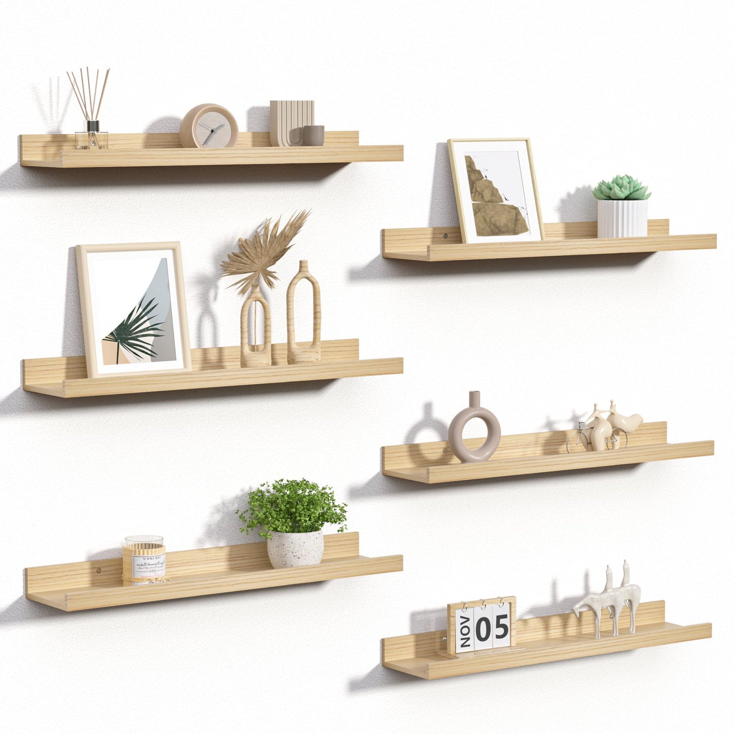 upsimples Floating Shelves for Wall, Wall Shelves for Decor Storage Set of 6, Wall Mounted Wood Shelf for Bedroom, Living Room, Bathroom, Kitchen, Picture Ledge Shelf, Black