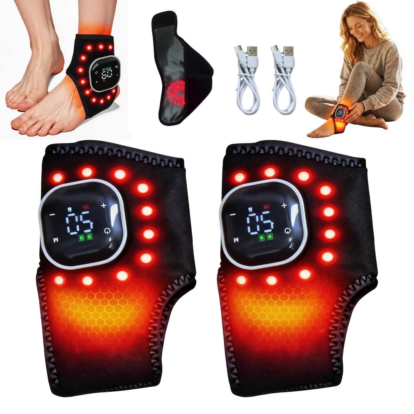 Red Light Cordless Ankle Massager with Heat & Vibration, for Foot & Ankle Pain Relief, 5 Heat Levels, 3 Massage Modes,Travel & Home Use (Charcoal Black-2 Pack)
