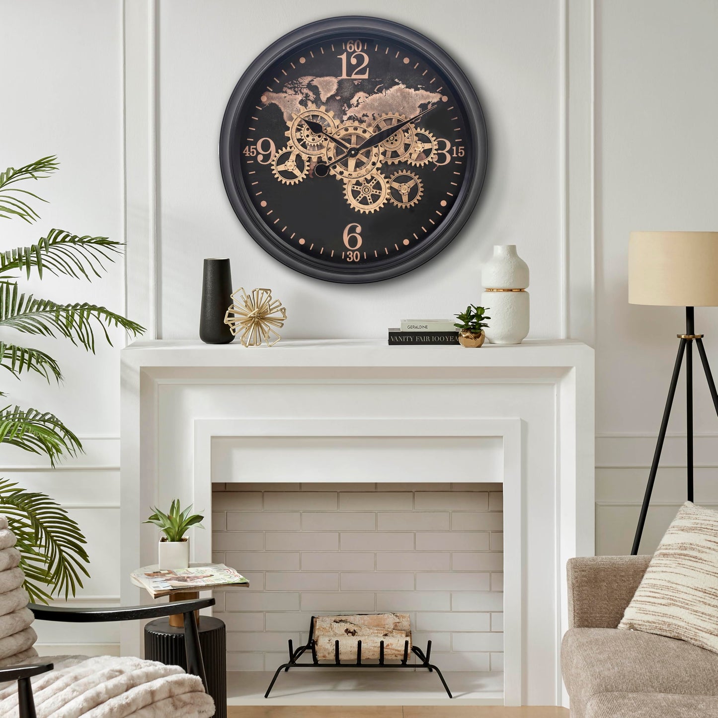 CLXEAST Mid Century Minimalist Modern Wall Clocks,24 Inch Wall Clock with Moving Gears, Large Cream Gold Wall Clocks for Living Room Decor,House Warming Gifts New Home
