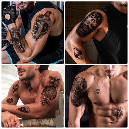 Yazhiji 36 Sheets Temporary Tattoos Stickers, 12 Sheets Fake Body Arm Chest Shoulder Tattoos for Men or Women with 24 PCS Tiny Black Tattoos