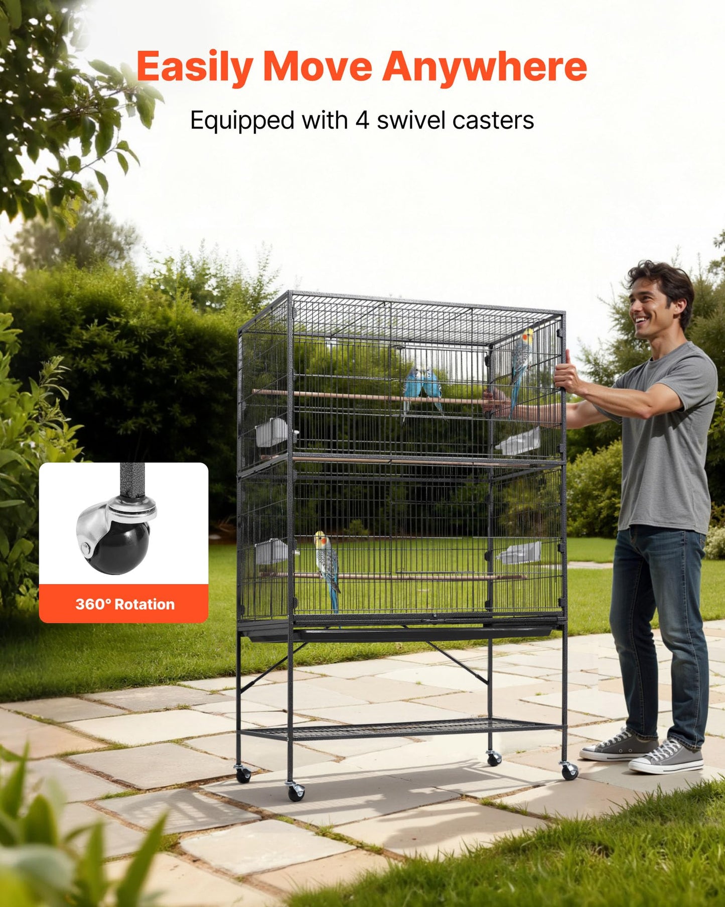 VEVOR Bird Cage, 24.6 x 16.7 x 53.9 inch, Flat Top, Wrought Iron Bird Flight Cage with Perches, Slide-Out Tray and Plastic Feeders, Casters, for Parrot, Blue Tit, Cockatiel, Canary, Budgerigar, Conure