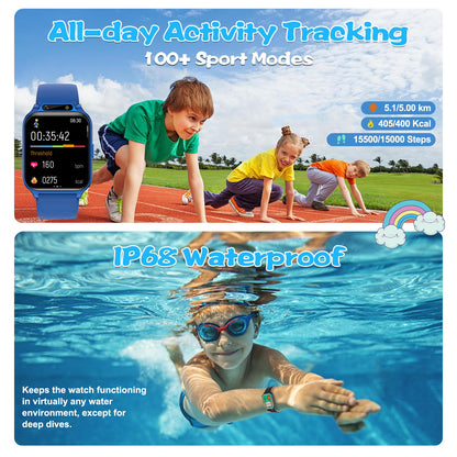 Smart Watch for Kids, 1.85" Fitness Tracker with Heart Rate, Sleep Monitor, IP68 Waterproof Smartwatches with Video Music, Pedometer, Game, NO APP/Phone, Gift for Boys Girls. (Classic, Black)