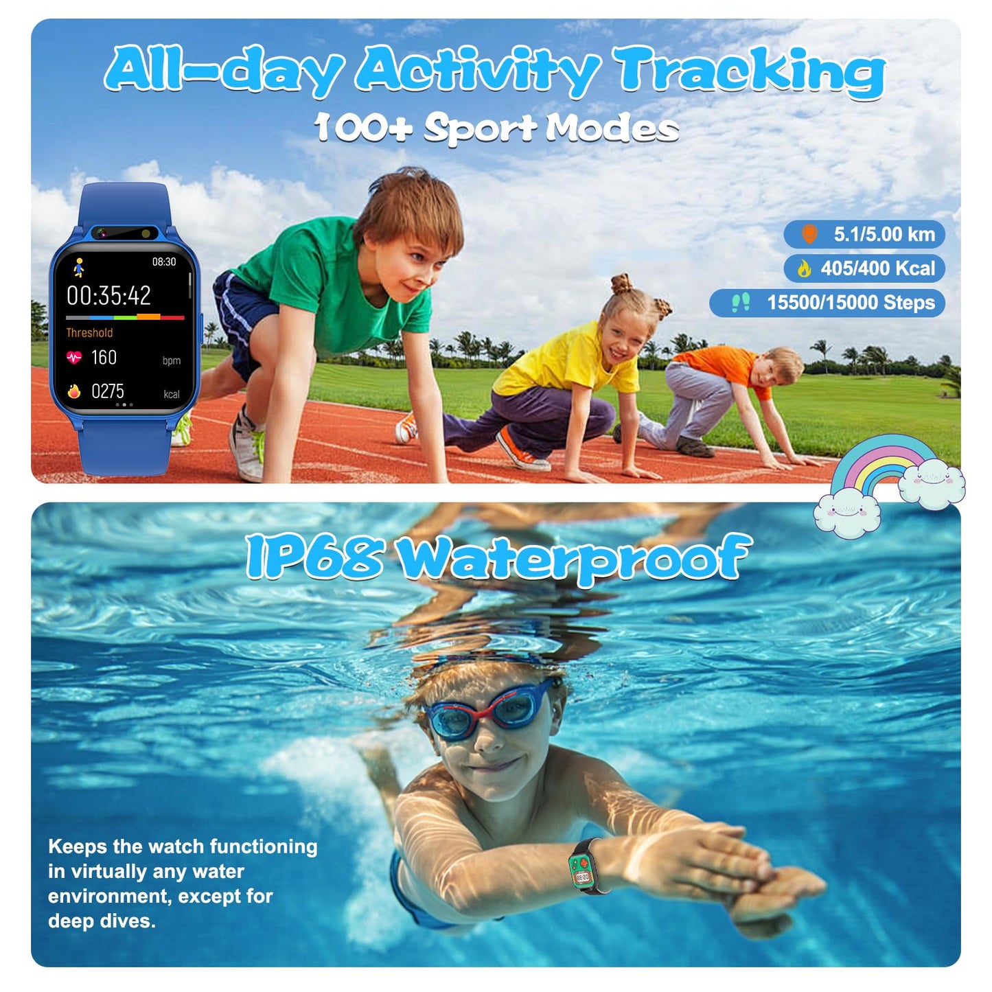 Smart Watch for Kids, 1.85" Fitness Tracker with Heart Rate, Sleep Monitor, IP68 Waterproof Smartwatches with Video Music, Pedometer, Game, NO APP/Phone, Gift for Boys Girls. (Classic, Black)