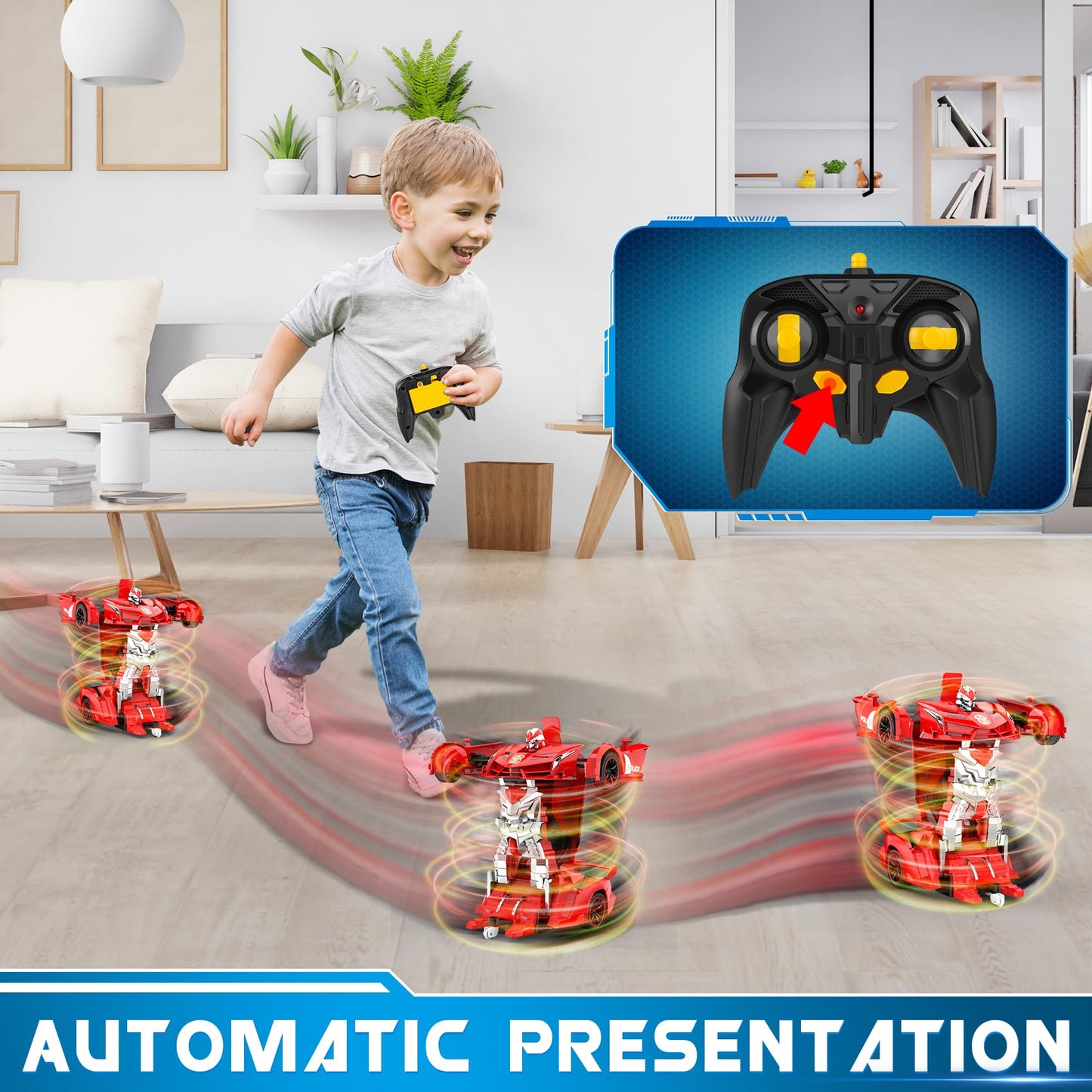 FDJ Remote Control Car - Transform Toys Car Robot, One Button Deformation to Robot with Flashing Light, 2.4Ghz 1:18 Scale Transforming Police Car Kids Toys with 360 Degree Rotating, Girls Boys Toys