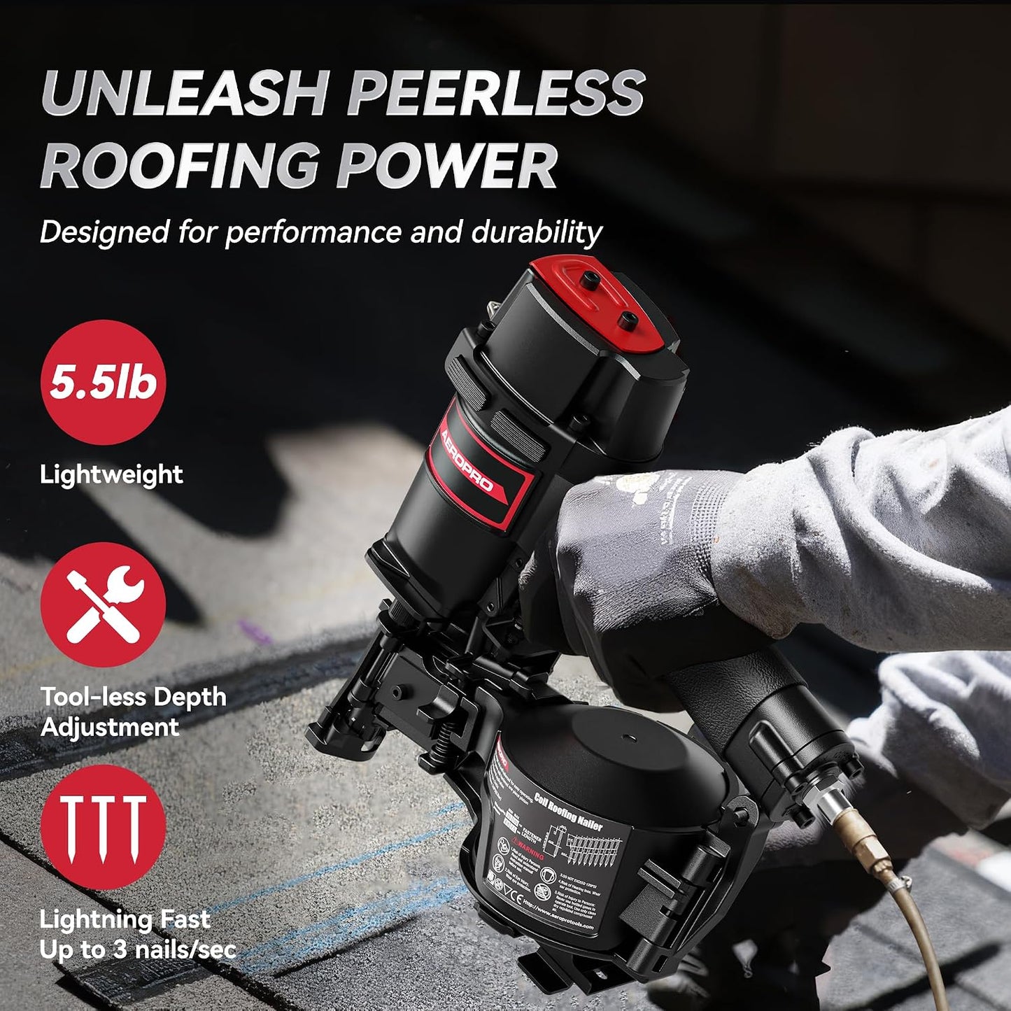 AeroPro CN45N Pneumatic Roofing Nailer – Professional Heavy-Duty Roofing Nail Gun for 15 Degree 3/4″–1-3/4″ Coil Nails on Asphalt Shingles