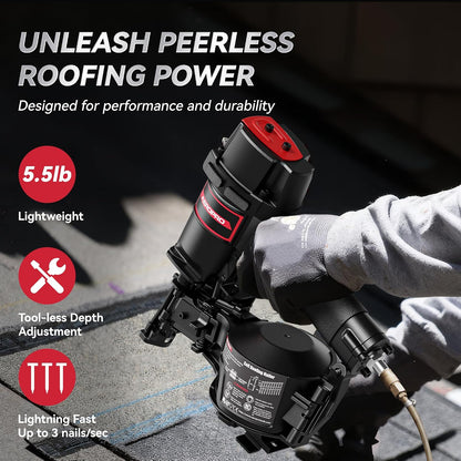 AeroPro CN45N Pneumatic Roofing Nailer – Professional Heavy-Duty Roofing Nail Gun for 15 Degree 3/4″–1-3/4″ Coil Nails on Asphalt Shingles