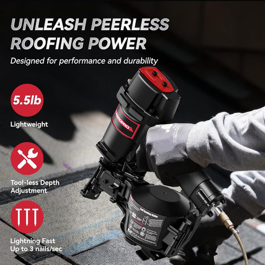 AeroPro CN45N Pneumatic Roofing Nailer – Professional Heavy-Duty Roofing Nail Gun for 15 Degree 3/4″–1-3/4″ Coil Nails on Asphalt Shingles