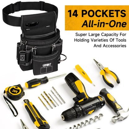 Tool Belt,Magnetic Tool Pouch,14-Pockets Tool Belts for Men,Detachable & Adjustable Tool Pouch belt for Electrician,Carpenter,Construction,Work Apron,Utility Belt,Black-Yellow