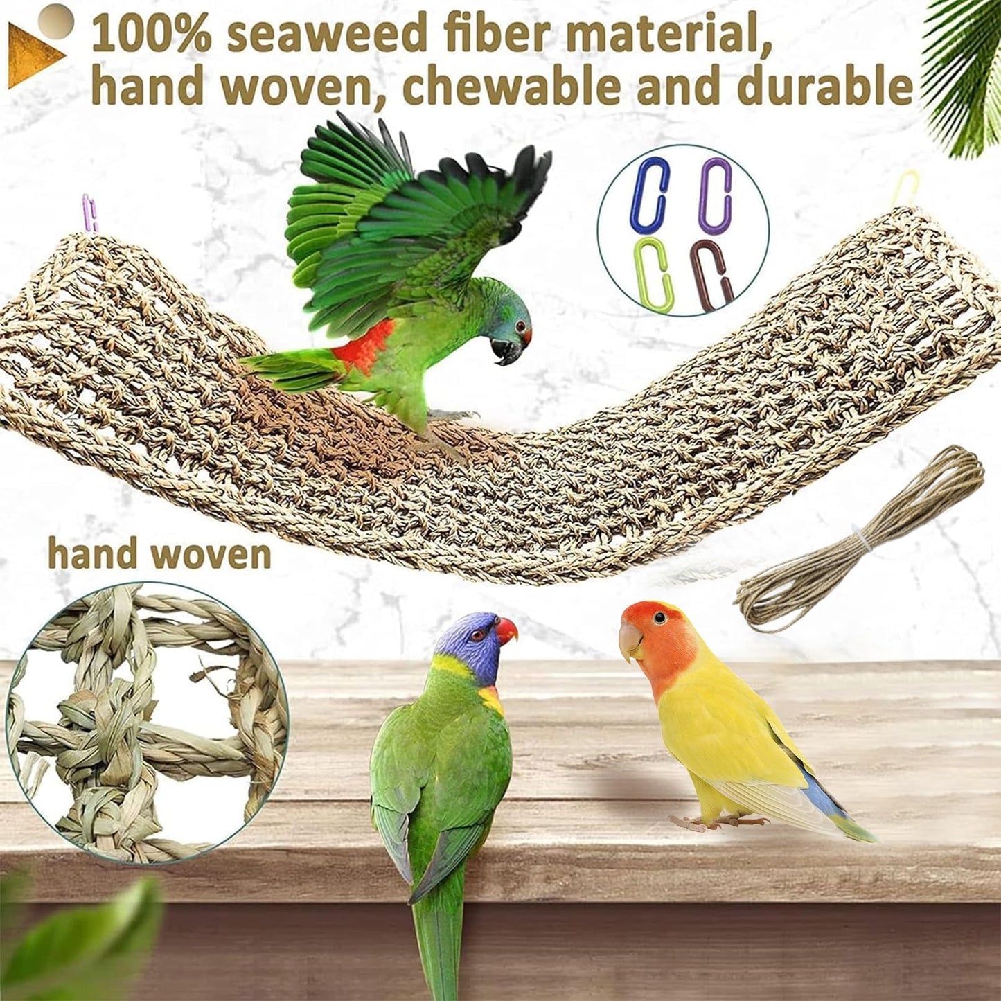 Bird Seagrass Mat 30 x 7 Inch Parrot Natural Seagrass Woven Net Hammock Parakeet Climbing Rope Ladder Mat Chew Toys Cage Accessories for Pigeon Macaw Cockatiel Conure Cockatoo Rat Bearded Dragon