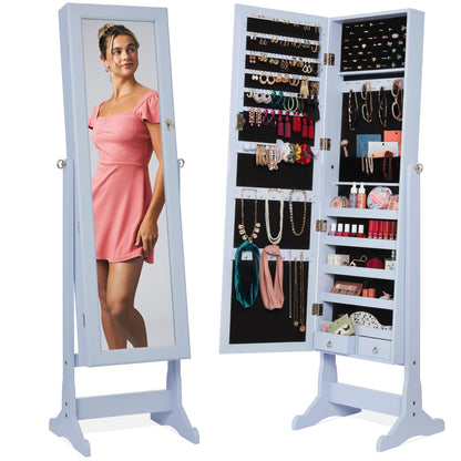 Best Choice Products Freestanding Jewelry Armoire Cabinet, Full Length Standing Mirror, Lockable Makeup Storage Organizer, w/Velvet Lining, 3 Angles, Lock, Accessory Pouch, 5 Shelves - White