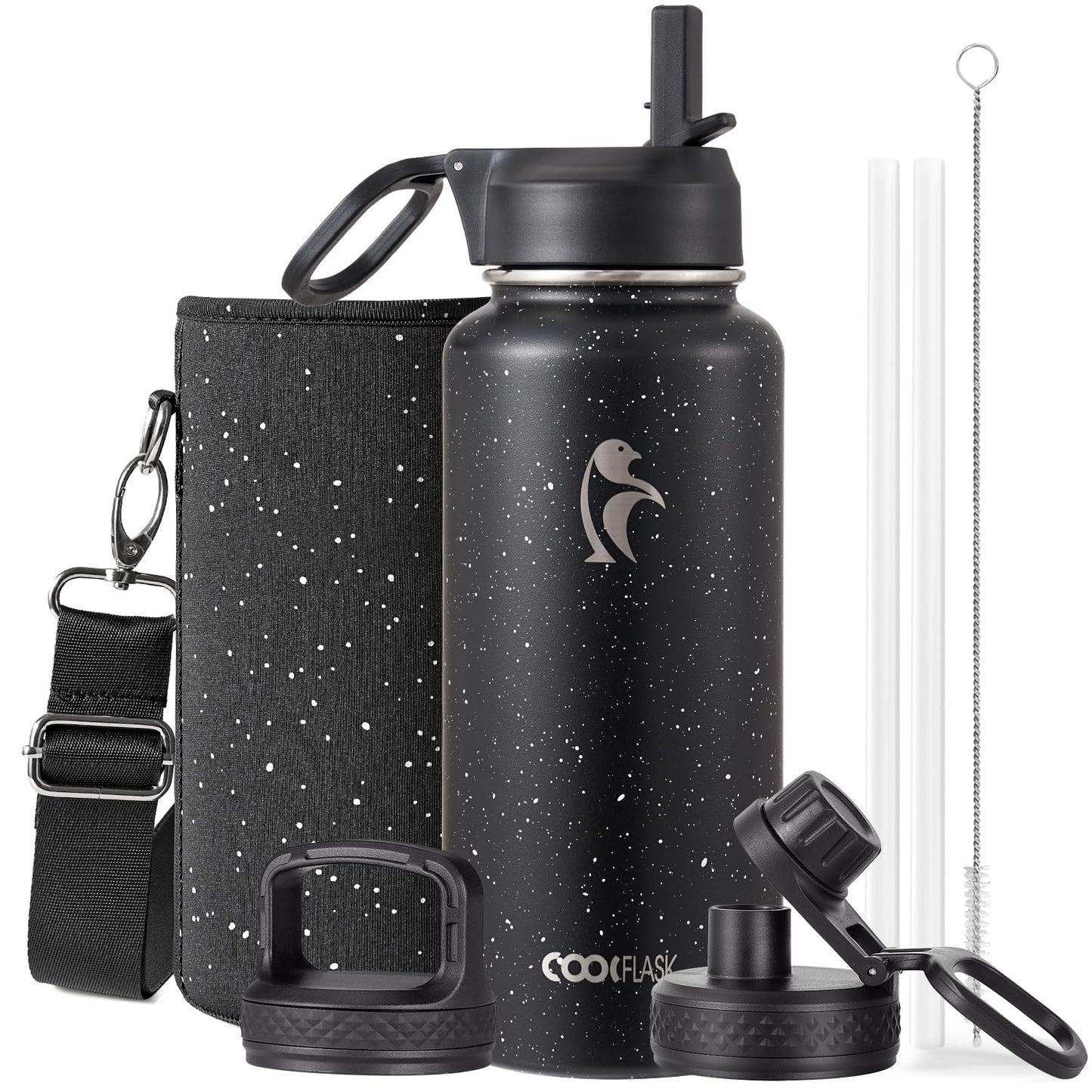 Half Gallon Water Bottle Insulated with Straw & 3 Lids, Coolflask 64 oz Water Jug Large Metal Stainless Steel Wide Mouth for Sports, Gym or Office, Non-BPA Keep Cold 48H Hot 24H, Samurai Cyan