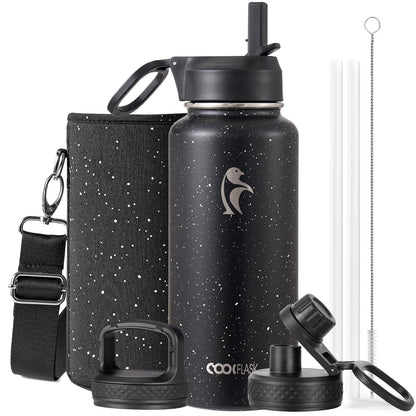 Half Gallon Water Bottle Insulated with Straw & 3 Lids, Coolflask 64 oz Water Jug Large Metal Stainless Steel Wide Mouth for Sports, Gym or Office, Non-BPA Keep Cold 48H Hot 24H, Samurai Cyan