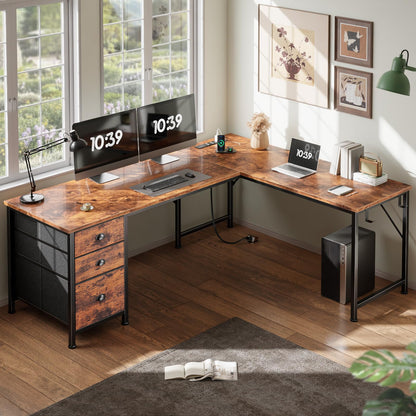 Furologee 63" L Shaped Desk with Power Outlets & USB-C Port, Reversible Corner Computer Desk with 3 Fabric Drawers, Hooks, Large Home Office Desk for Gaming, Writing, Work, Black