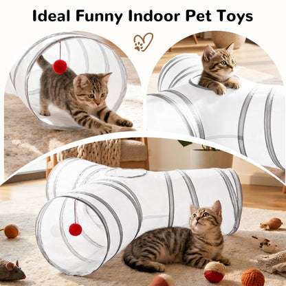 Tempcore Pet Cat Tunnel Tube Toys 3 Way Collapsible, Tunnels for Indoor Cats, Interactive Tube with Teaser Wand, Peek Holes & Hanging Ball, Black & Blue