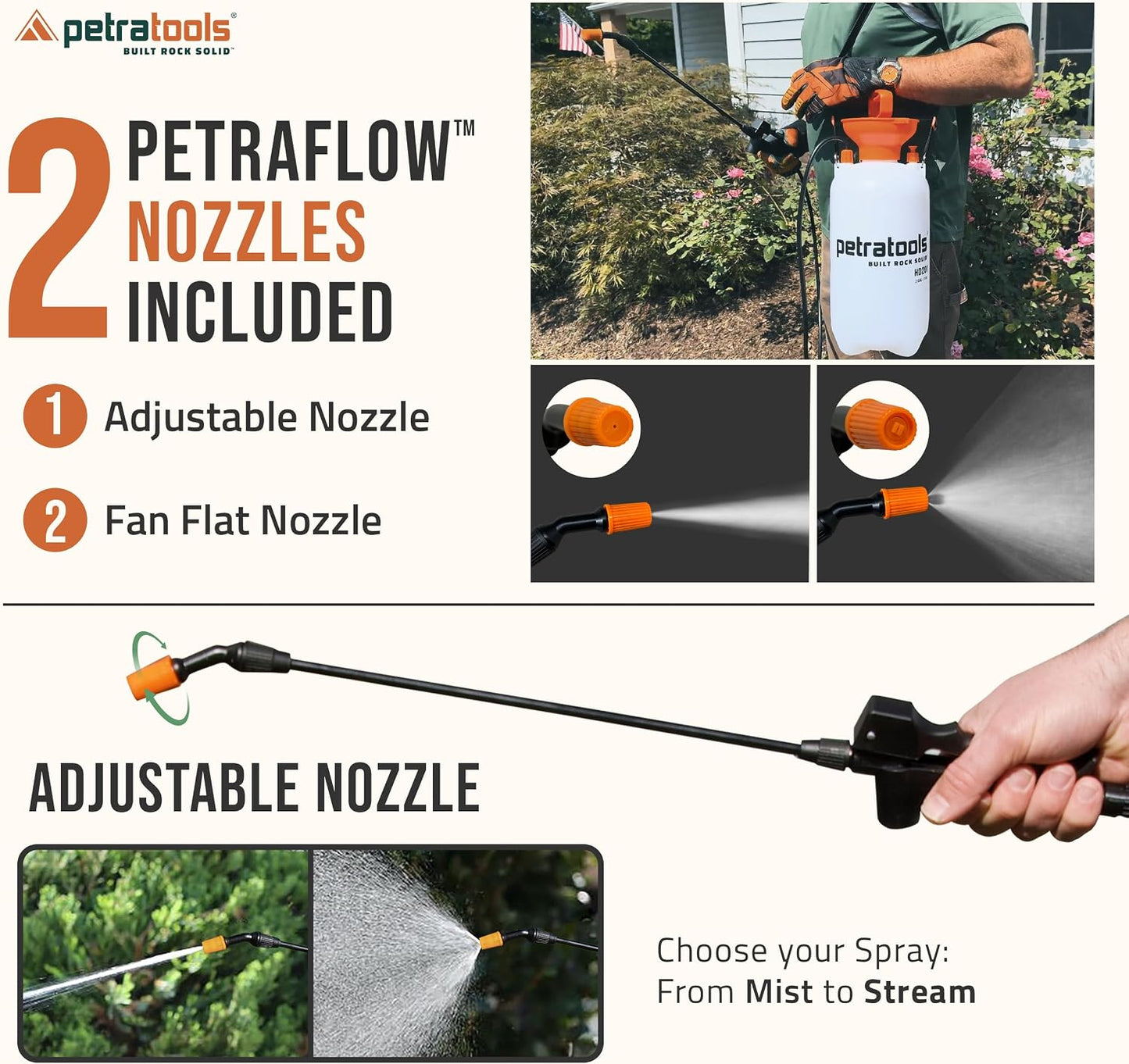 Petratools 1 Gallon Pump Sprayer – HD101 Garden Sprayer for Weeds, Lawn Care & Pesticides – 52” Long Hose, 2 Nozzles & Easy Carry Handle – Durable & Lightweight