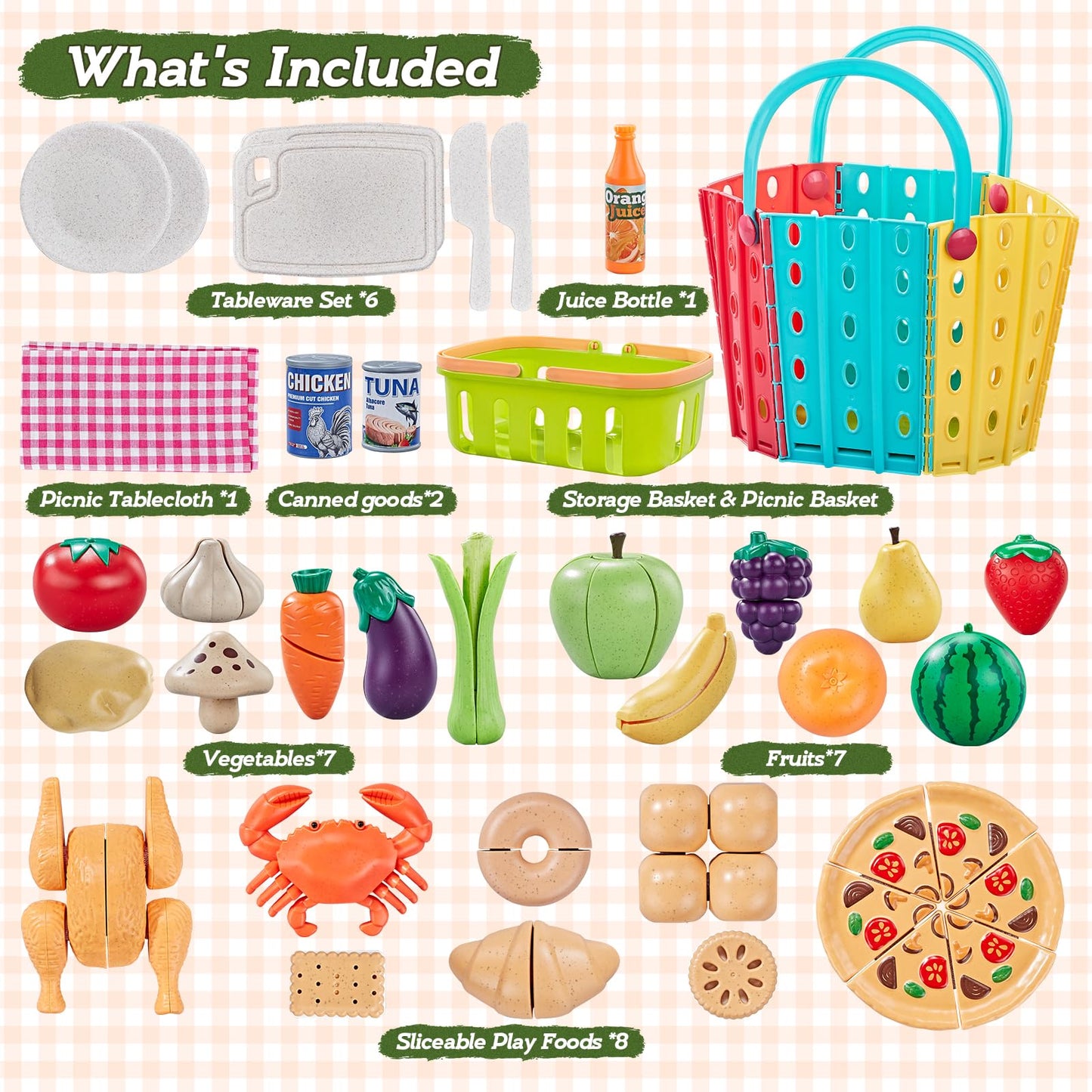 LAUGIGLE Pretend Play Food for Kids Kitchen, 78Pc Cutting Toy Food with Storage Bag