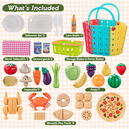 LAUGIGLE Pretend Play Food for Kids Kitchen, 78Pc Cutting Toy Food with Storage Bag